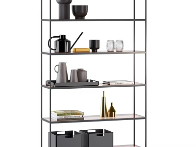 Modern Tiered Storage Shelf With Black Boxes Books And Decorative Items 3d model