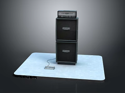 Black Electronic Speaker Stack With Amplifier Control And Foot Pedal On Light Blue Platform 3d model