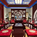 Traditional Chinese Style Teahouse with Red Gate Golden Door Nails Stone Lions and Red Lanterns