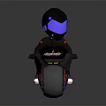 Futuristic Helmeted Biker Riding Sleek Black Motorcycle With Red Blue Wheels And Purple Visor