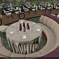 Elegant Restaurant With Round White Tablecloth Dining Table Curved Booths Plants And City Night View