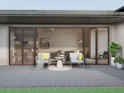 Outdoor Leisure Chairs With Yellow Cushions On Gray Patio Floor And Green Plants 3d model
