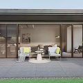 Outdoor Leisure Chairs With Yellow Cushions On Gray Patio Floor And Green Plants