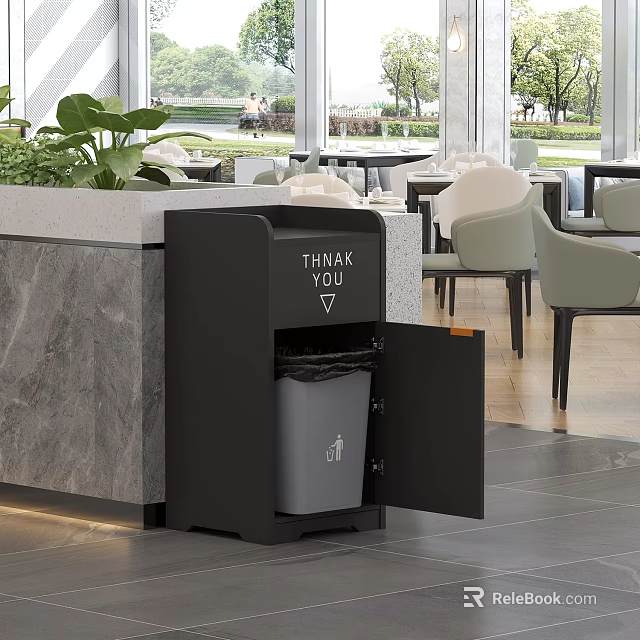 Public Area Waste Bin With Thank You Sign Near Marble Countertop And Green Plants 3d model 