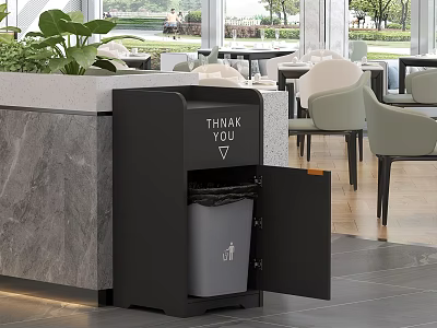 Public Area Waste Bin With Thank You Sign Near Marble Countertop And Green Plants 3d model