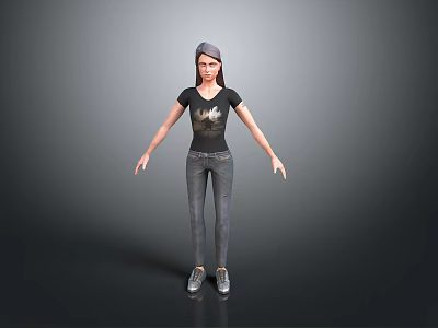Woman Wearing Black T-shirt With Graphic Design Gray Jeans And Cap Standing On Gray Background 3d model