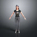 Woman Wearing Black T-shirt With Graphic Design Gray Jeans And Cap Standing On Gray Background