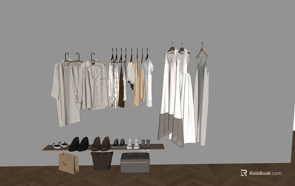 Stylish Clothes Display With Hanging Garments Shoes And Shopping Bags On Gray Wall Wooden Floor 3d model 
