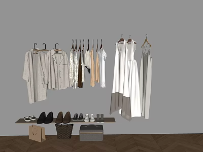 Stylish Clothes Display With Hanging Garments Shoes And Shopping Bags On Gray Wall Wooden Floor 3d model