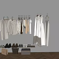 Stylish Clothes Display With Hanging Garments Shoes And Shopping Bags On Gray Wall Wooden Floor