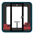 Red Public Chairs in Modern Enclosed Booth with Small Table and Glass Door