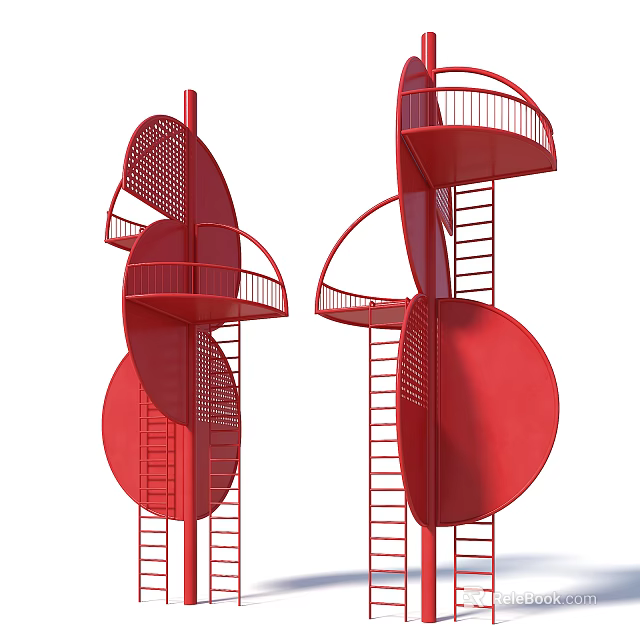 Red Spiral Road Facilities With Stairs And Elevated Observation Platforms 3d model