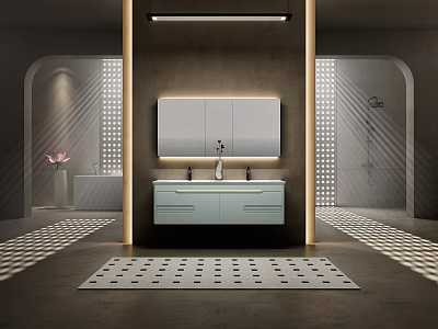 Modern Bathroom Washbasin Vanity With Light Green Cabinet Double Faucets And Geometric Floor Tiles 3d model