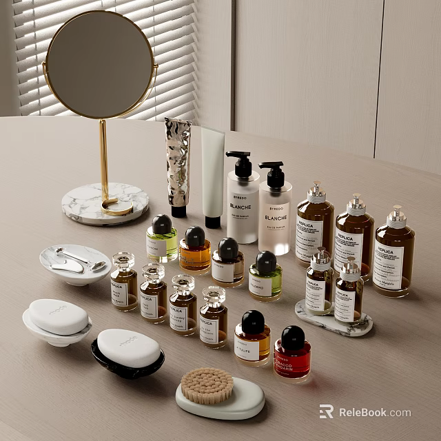 Elegant Perfume And Cosmetic Collection With Various Bottles Jars On Marble Dressing Table 3d model 