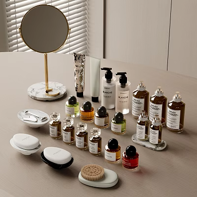 Elegant Perfume And Cosmetic Collection With Various Bottles Jars On Marble Dressing Table 3d model