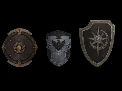 Three Decorative Shields With Eagle Star And Circular Designs In Antique Style 3d model