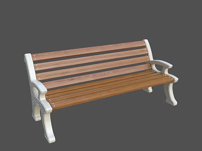 Outdoor Garden Bench With Brown Wooden Slats And White Metal Armrests 3d model