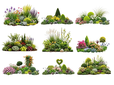 Diverse Flower and Plant Arrangements with Shaped Greenery and Colorful Blooms 3d model
