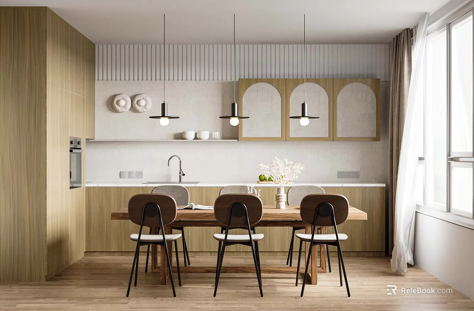 Modern Kitchen Interior With Wooden Cabinets Dining Table Chairs Pendant Lights And Decorative Plates 3d model 
