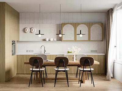Modern Kitchen Interior With Wooden Cabinets Dining Table Chairs Pendant Lights And Decorative Plates 3d model