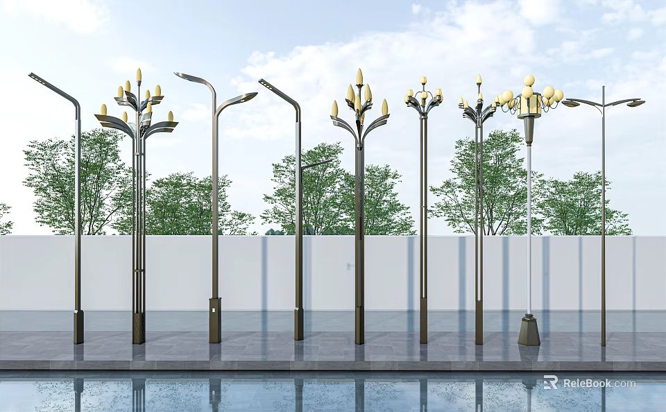 Outdoor Lights With Metal Poles And Multiple Lamps For Garden And Street Decoration 3d model 