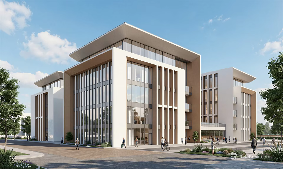 Modern Industrial Factory Building With Large Glass Windows Multi Story Structure And Pedestrians Greenery 3d model 