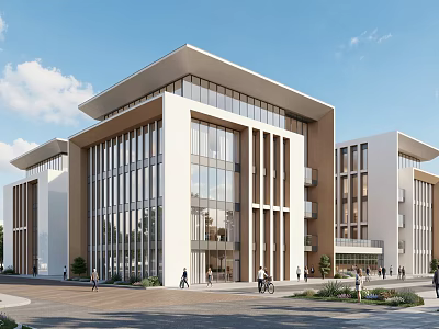 Modern Industrial Factory Building With Large Glass Windows Multi Story Structure And Pedestrians Greenery 3d model