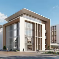 Modern Industrial Factory Building With Large Glass Windows Multi Story Structure And Pedestrians Greenery
