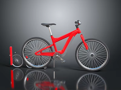 Red Bicycle With Small Red Bike Black Seat Silver Spokes Wheels Gray Background Reflection 3d model