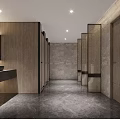 Modern Public Restroom Interior Design With Wooden Stalls Marble Walls Flooring Washbasins And Mirrors