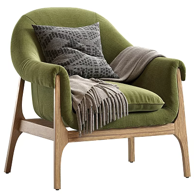Cozy Green Armchair With Wooden Frame Gray Pillow And Throw Blanket 3d model