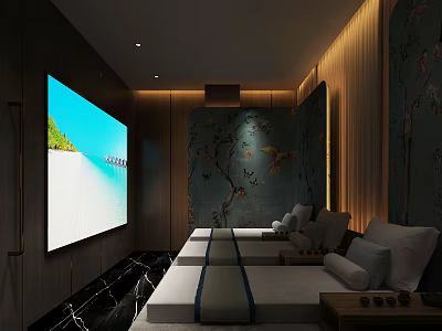 Relaxing SPA Sauna Space With Massage Beds Large Screen Beach View And Decorative Wall 3d model