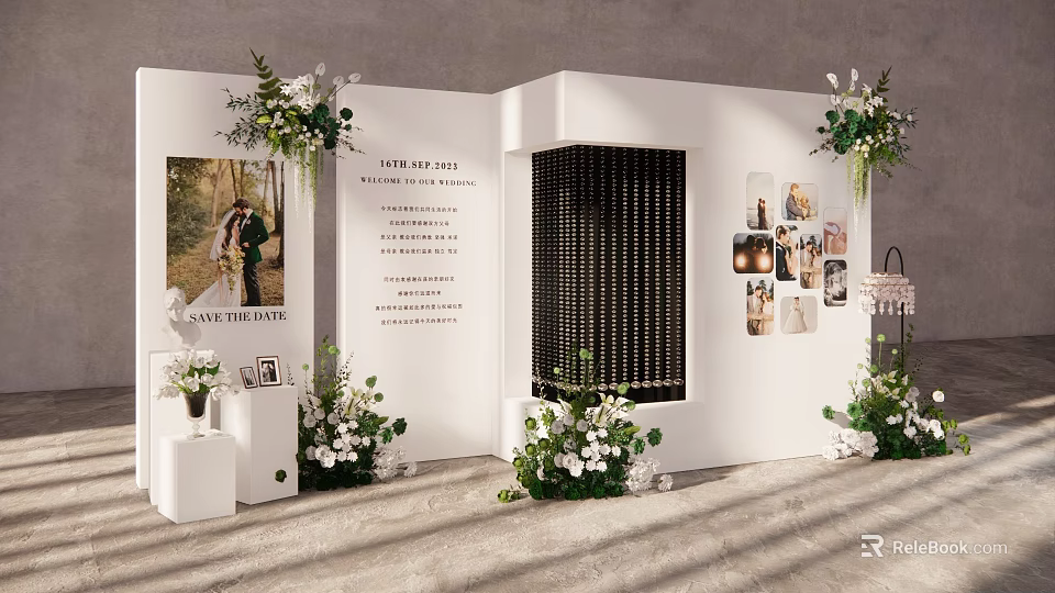 Fairy Tale 2024 Wedding Display With Couple Photo Flower Decorations And Wine Rack 3d model 