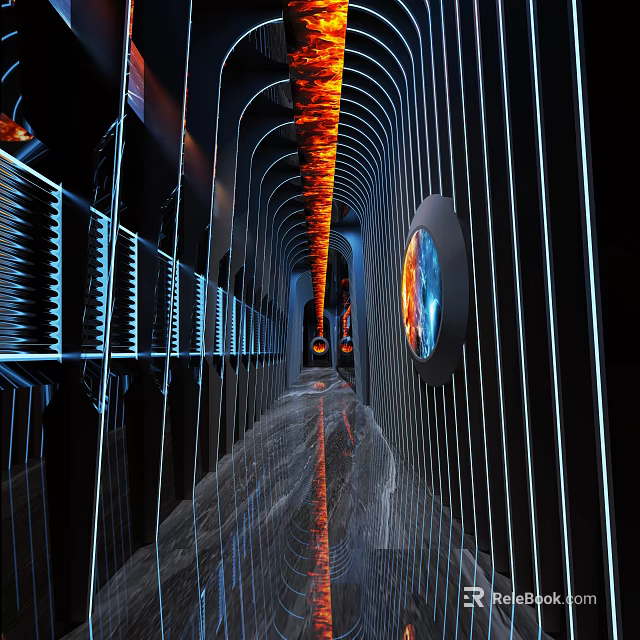 Modern Elevator Corridor Interior With Neon Lights Curved Walls And Reflective Floor 3d model 
