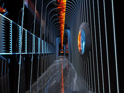 Modern Elevator Corridor Interior With Neon Lights Curved Walls And Reflective Floor 3d model