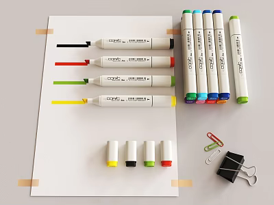Assorted Color Marker Pens on Paper with Paper Clips and Binder Clips 3d model