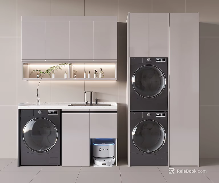 Modern Bathroom Cabinetry With Washing Machine Dryer Sink Faucet And Storage 3d model 