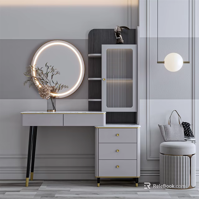 Modern Minimalist Dressing Table With Round Lighted Mirror And Dried Flowers 3d model 