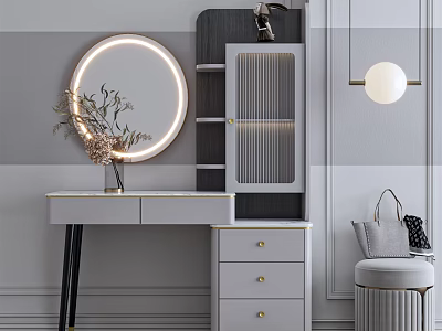 Modern Minimalist Dressing Table With Round Lighted Mirror And Dried Flowers 3d model