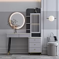 Modern Minimalist Dressing Table With Round Lighted Mirror And Dried Flowers 3d model