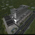 Aerial Planning of Modern Commercial Building With Surrounding Roads Trees and Parking Lots