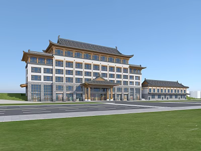 Traditional Chinese Building With Classic Roof Modern Glass Walls And Green Lawn 3d model