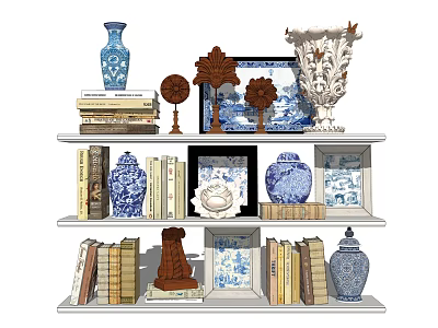 Blue and White Decorative Ornament Set with Vases Frames Books on White Shelf 3d model