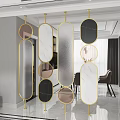 Elegant Gold Frame Room Divider With Various Shaped Marble Glass Panels In Modern Living Room