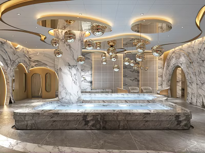 Luxury SPA Sauna Interior With Modern Marble Pool And Elegant Chandelier Lighting Design 3d model