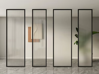 Modern Black Framed Ribbed Glass Room Partitions For Interior Space With Green Plant 3d model
