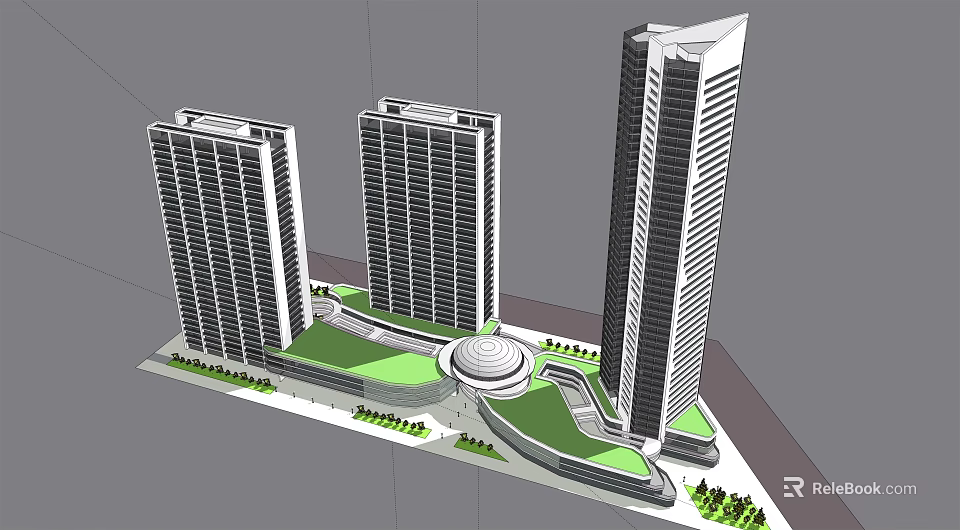 Modern Office Skyscrapers With Green Open Space And Circular Plaza Design 3d model 