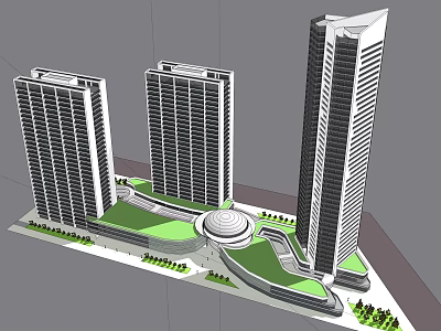 Modern Office Skyscrapers With Green Open Space And Circular Plaza Design 3d model