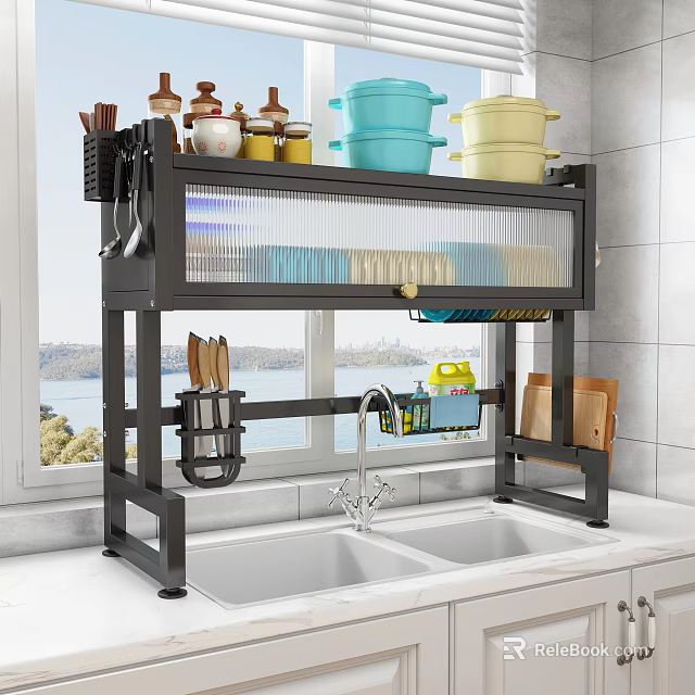 Practical Black Metal Kitchen Shelf Rack Above Sink With Cookware And Utensils Storage 3d model 