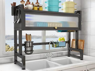 Practical Black Metal Kitchen Shelf Rack Above Sink With Cookware And Utensils Storage 3d model